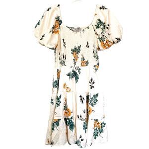 Hayden Los Angeles Cream Floral Puff Sleeve Mini Tiered Dress with Pockets Small